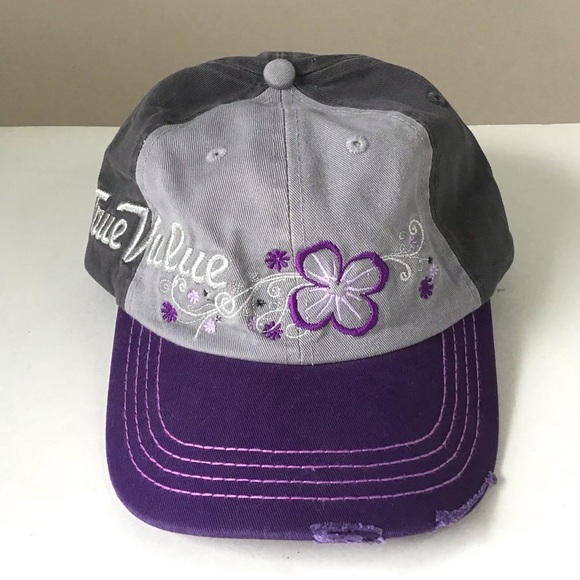 True Value Womens Hat Baseball Cap Embroidered Floral Distressed Hardware Store - Picture 1 of 8